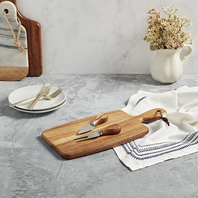 Acacia Wood Rectangular Serving Board Set with Knives