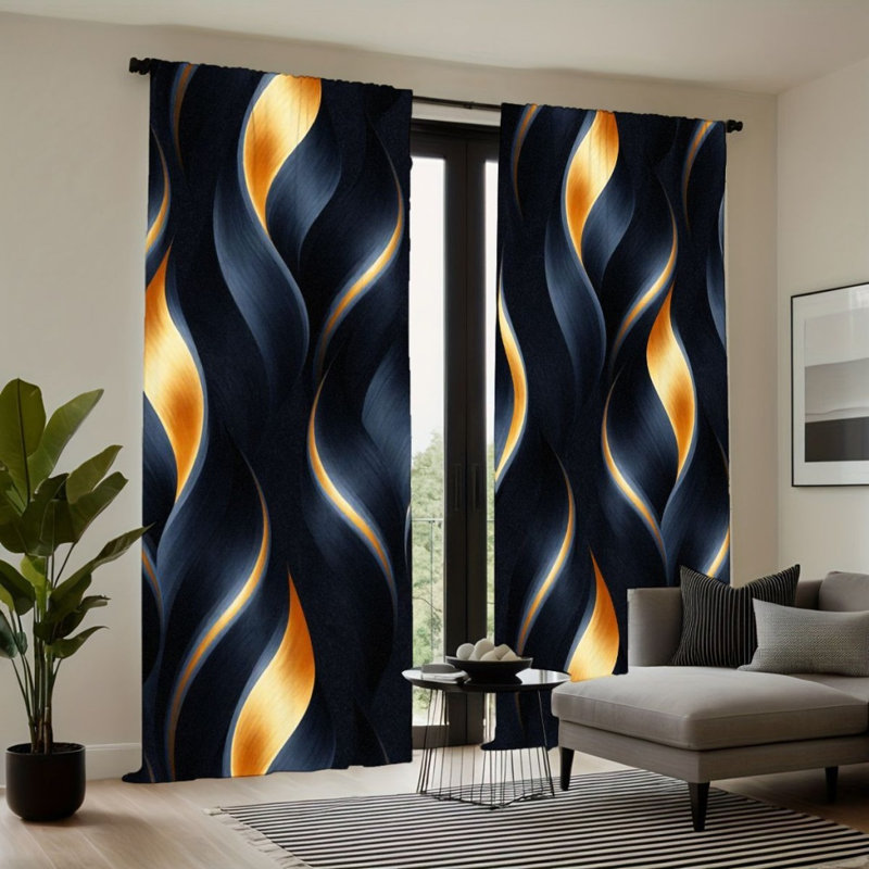 Rideau filtrant à 2 panneaux abstraits à vagues ondulées dans des tons de noir doré, décor moderne pour la maison, conception à passe-tringle facile à suspendre, rideaux toutes saisons pour le salon