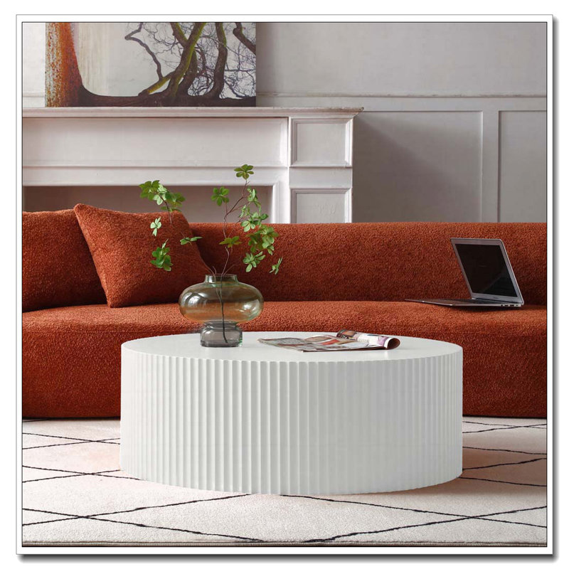 Round Coffee Table with Handcrafted Relief, White
