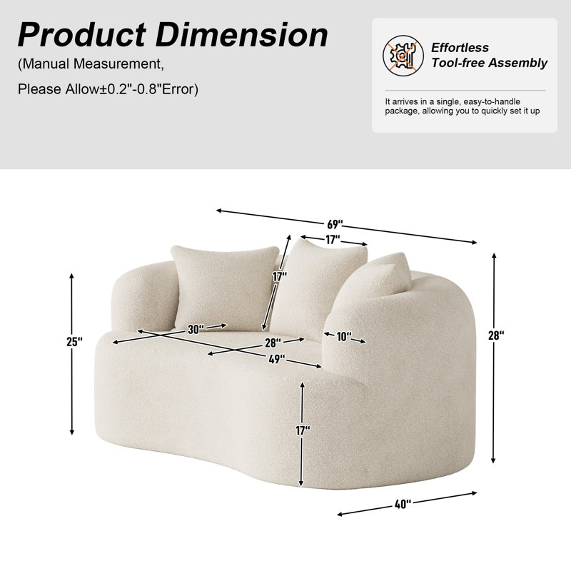 Canapé 68,5 po Chenille, H 24,8 po x l 68,5 po x P 39,4 po, 2, Beige / Blanc