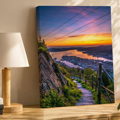 Canvas A Breathtaking Sunset View From A Mountain Path Showcasing A Wall Art Winding Stone Staircase Descending Towards A Picturesque Canvas Wall Art