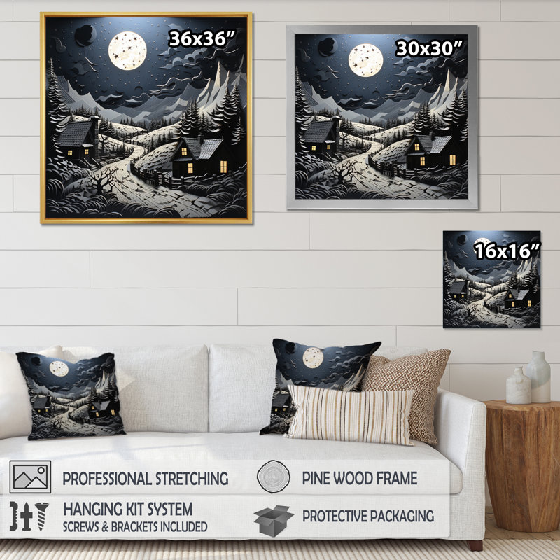 «Landscape Barn By Moonlight III», reproduction sur toile, H 24 po x l 24 po x P 1 po, Cadre flottant doré