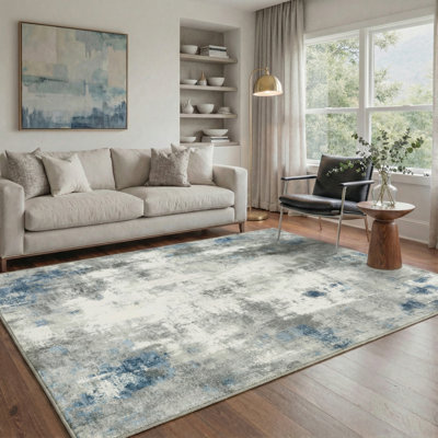 Mignone Pavelina Abstract Machine Washable Grey/Ivory/Blue Indoor Area Rug With Non-Slip Backing