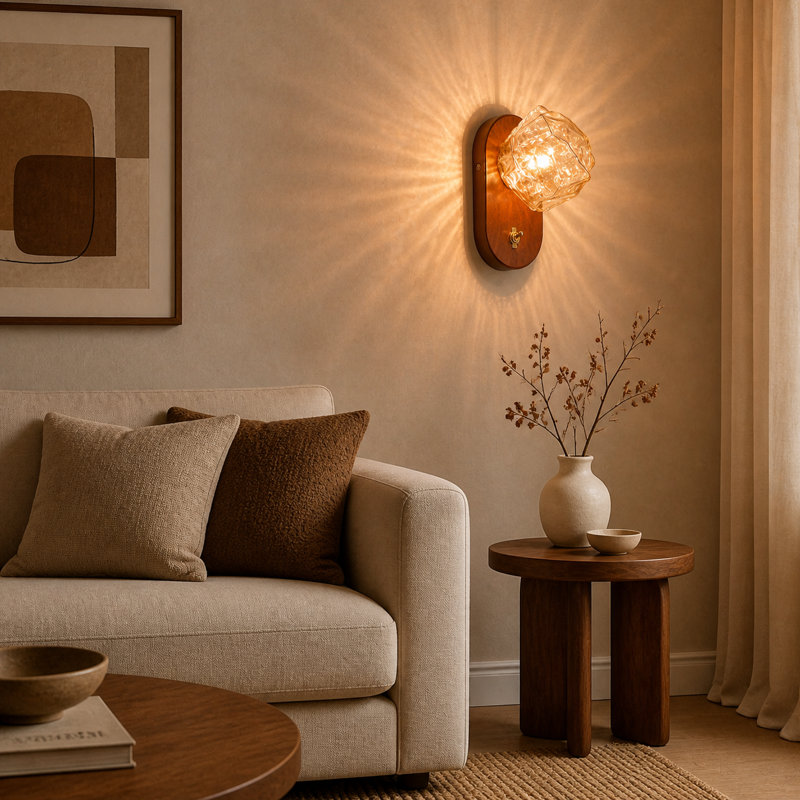 Walnut Wood Amber Glass Wall Sconce, Hardwired 3000K Warm Wall Light
