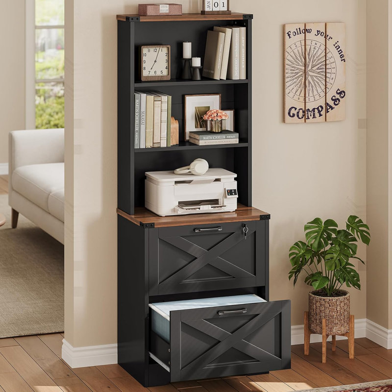 2 Drawer File Cabinet With Lock, Wood Filing Cabinet Fits Letter, Legal, A4 Size, Hanging File Folders, Farmhouse File Cabinets For Home Office With Adjustable Storage Shelf