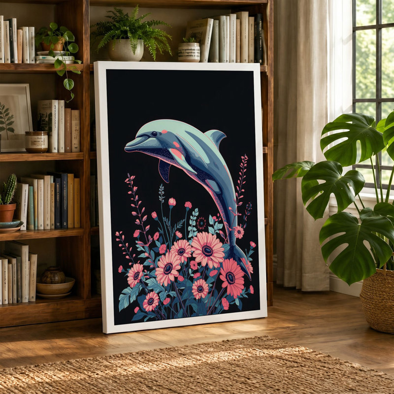 Dolphin Among Blooms Modern - Wrapped Canvas, 30x20 - 76.2 x 50.8 cm, Black Border