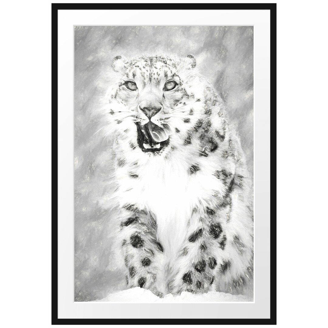 Gerahmtes Papierbild Leopard im Schnee