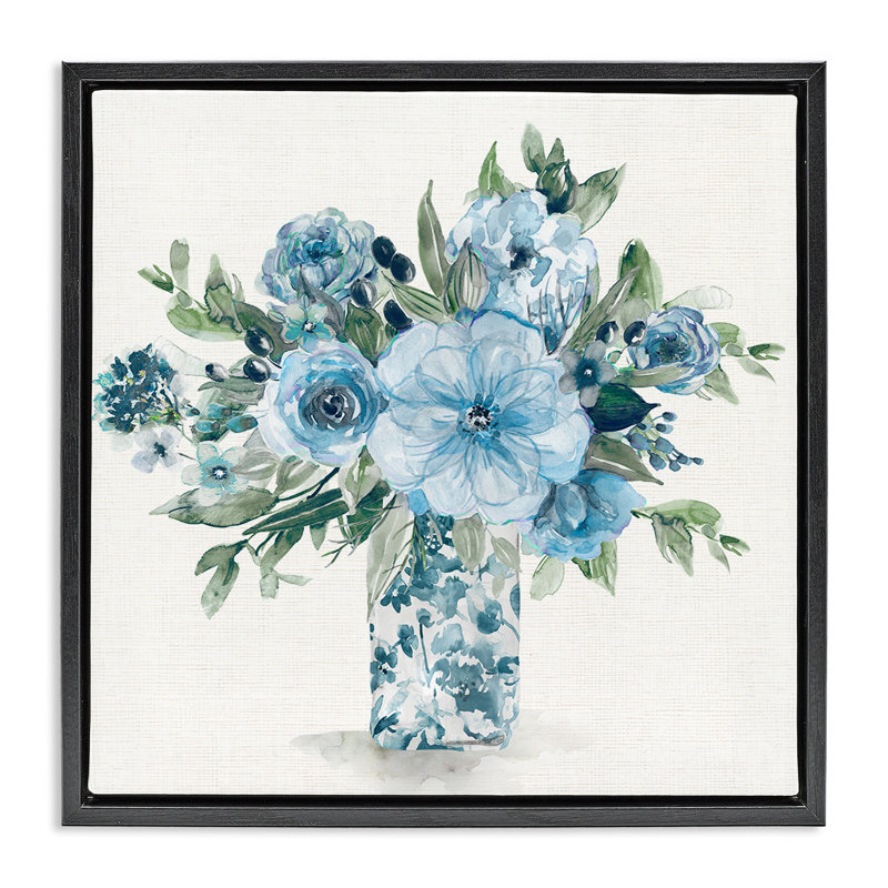 Cadre flottant feuillage pastel bleu, design par Carol Robinson, H 25 po x l 25 po, Cadre flottant noir de jais