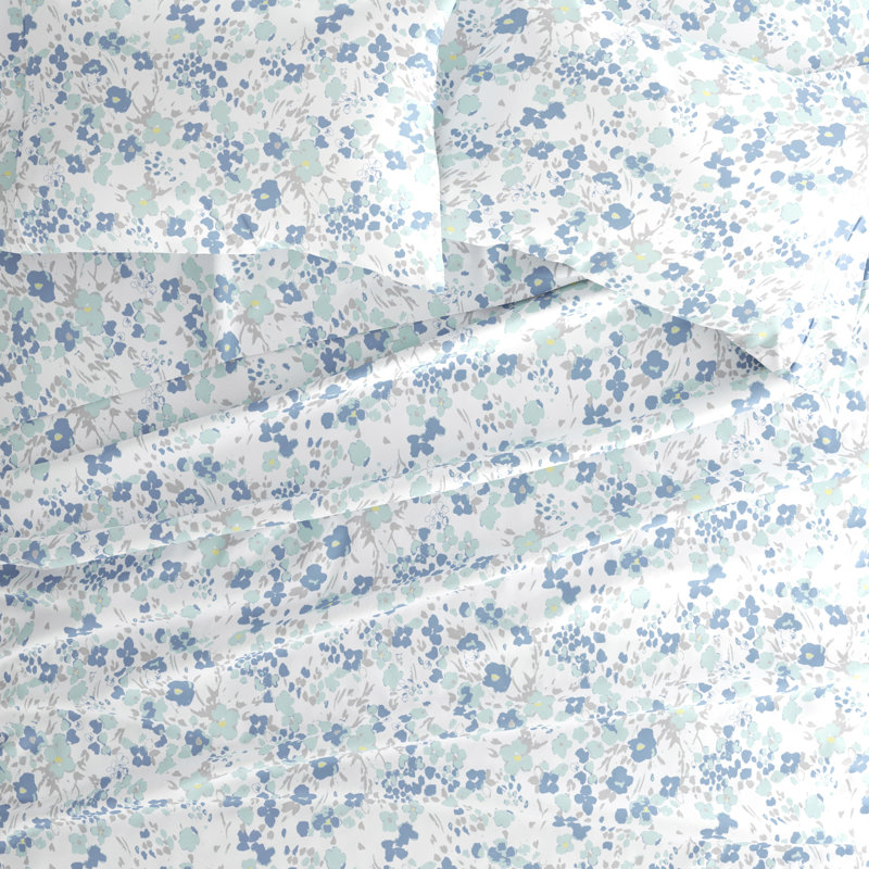 King Light Blue Floral Microfiber Sheet Set with Deep Pockets