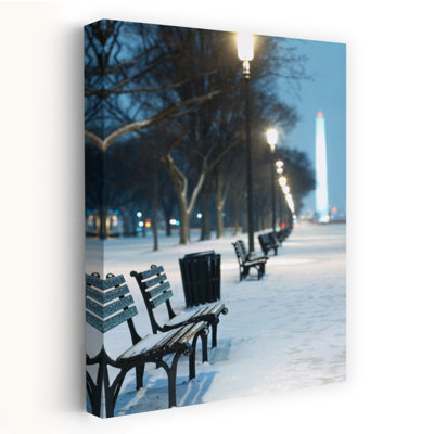 Snow Covered Benches Along A Foorpath Washington Monument In Background Washington Dc Usa Abstract Contemporary Architecture City Art