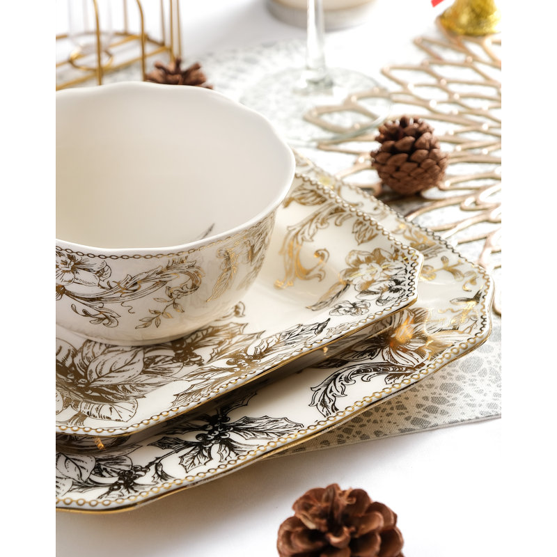 Ensemble de vaisselle 12 pièces 222 Fifth Christmas Lane Electroplate pour 4 élégantes assiettes et bols blancs avec motifs floraux dorés réfléchissants, ensemble de vaisselle en céramique pour les Fêtes, vaisselle de luxe pour offrir