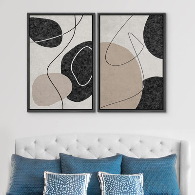«Black Tan Mid-Century Chiffres Abstract Shapes», 2 pièces sur toile