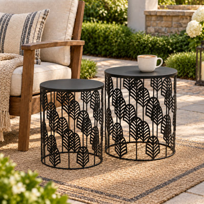 2-Piece Round Iron End Table Set with Leaf Cutout Design