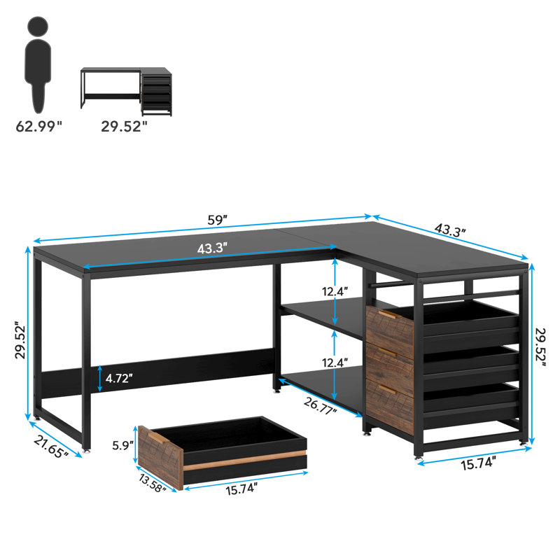 L-Shaped Computer Desk, Multi-Functional Desk with Shelves and Storage Drawers, Black/Brown