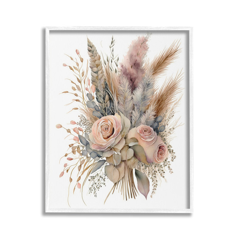 Boho Rose Pampas, art de la giclée encadrée par LSR Design Studio, Blanc, H 30 po x l 24 po