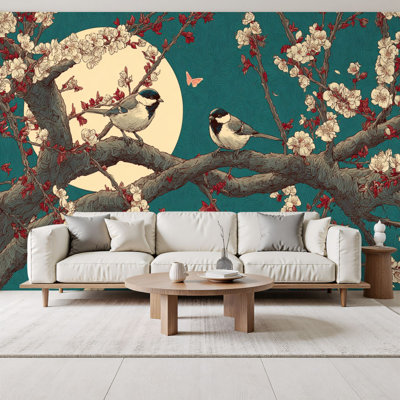 Papier peint adhésif chinois à motif de paysage de jardin paisible avec oiseaux, papillons et nuages doux H 69 po x l 96 po, papier peint amovible en PVC pour le salon de la chambre à coucher