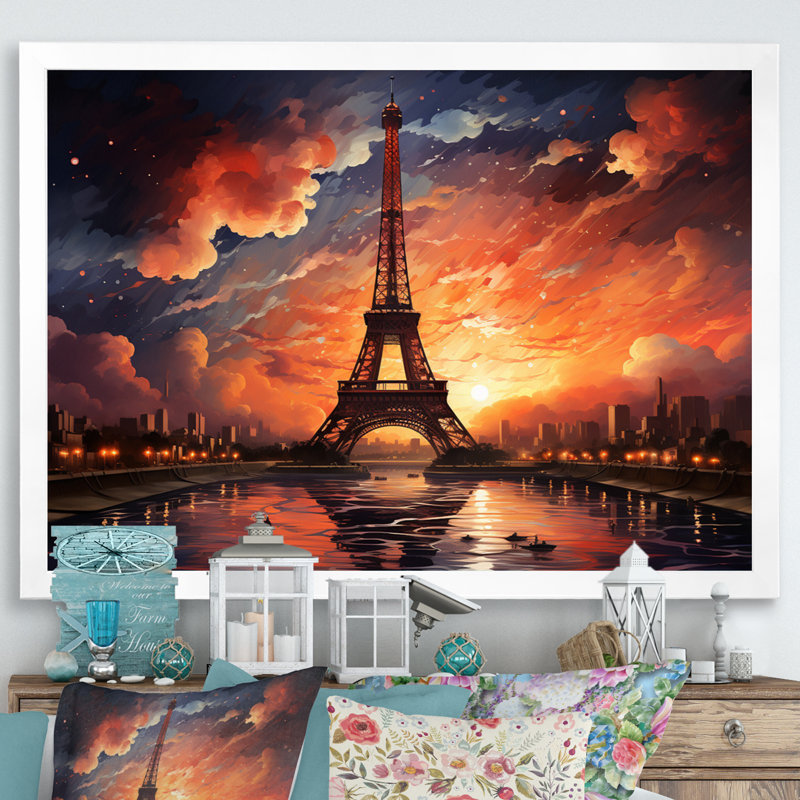 «Majestic Sunset by The Eiffel Tower In Paris», reproduction sur toile, H 24 po x l 32 po x P 1 po, Cadre simple blanc