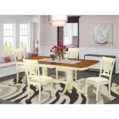 5 Piece Set Includes a Rectangle Kitchen Table with Butterfly Leaf and 4 Linen Fabric Dining Chairs, Buttermilk & Cherry