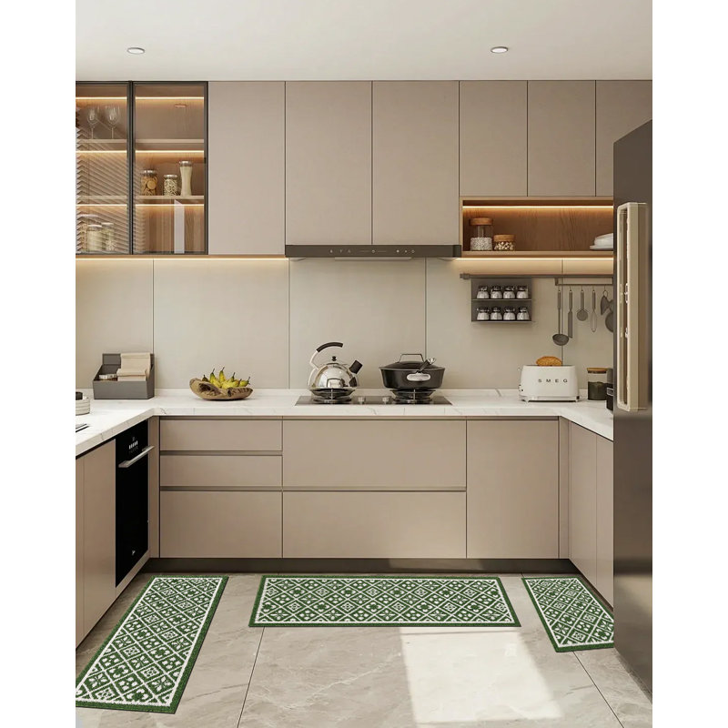 Kitchen Mat, Non Slip Rubber Backing, Machine Washable, 3 Piece Set, Green