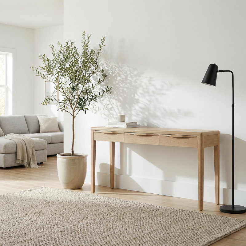 Console Elegant Light Luxury avec trois tiroirs et finition en placage de chêne, coins arrondis doux, Naturel