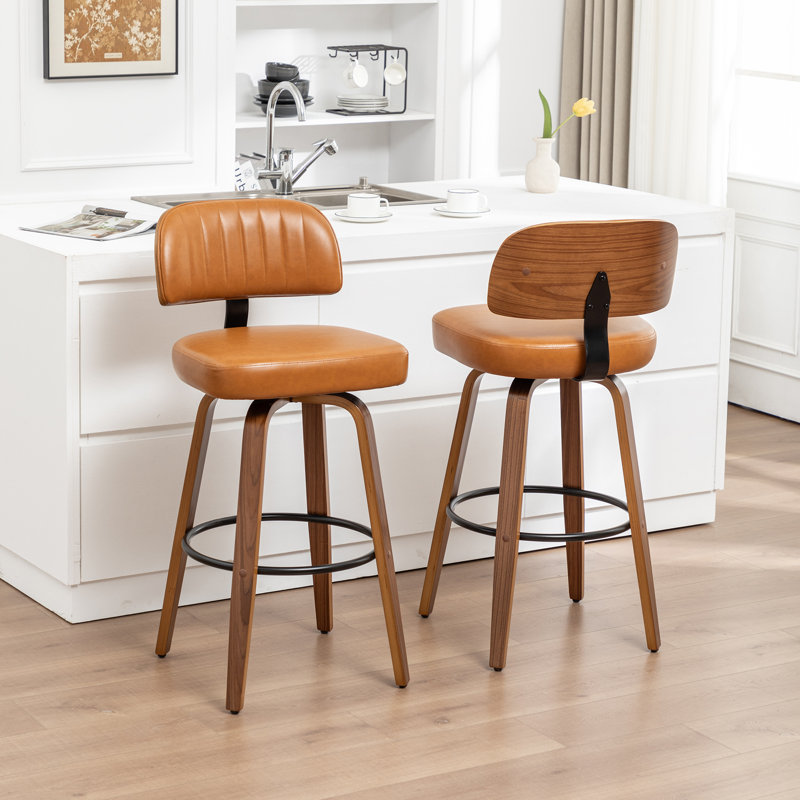 Tabourets de comptoir pivotants rembourrés en cuir de polyuréthane de style Mid-Century avec dossier courbé en bois, Brun