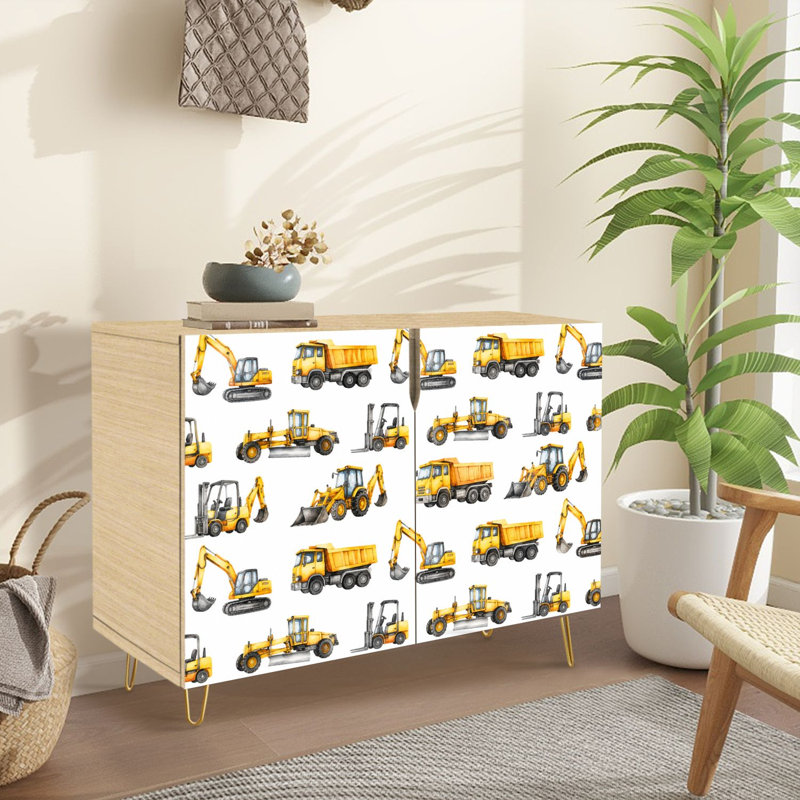 Buffet armoire avec rangement véhicules de construction niveleuse chariot élévateur bulodozer pelle blanc avec 2 portes pour le salon et la cuisine