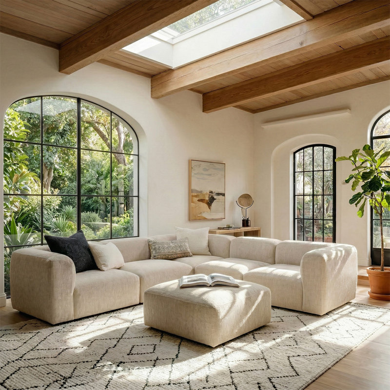 Confesor Chenille Modular L-Shaped Sectional Sofa With Ottoman, Beige Chenille
