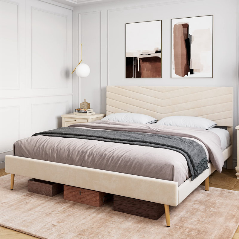 Lidiano Upholstered Metal Platform Bed, King, Beige
