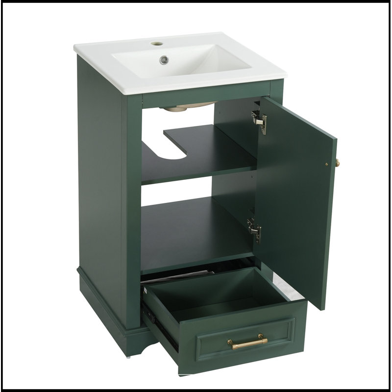 Meuble-lavabo de salle de bain avec lavabo en céramique, porte à fermeture et tablette réglable, Green
