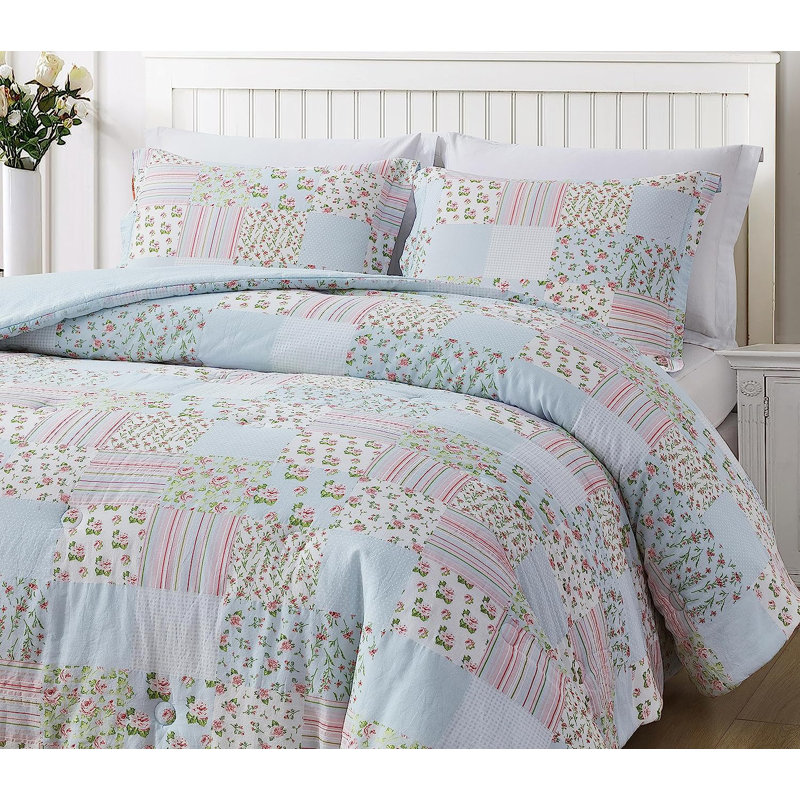 Floral Printed Patchwork Lightweight Washed Cotton Comforter Set, Queen Comforter  + 2 Standard Shams
