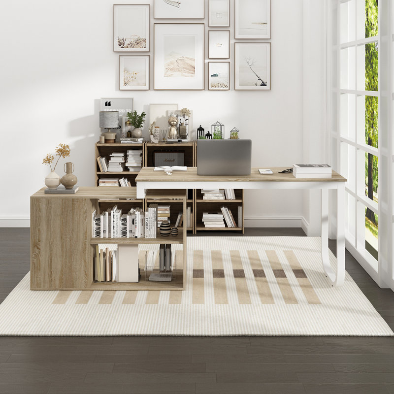 Akirah L-Shaped Metal Base Writing Desk, Natural, White