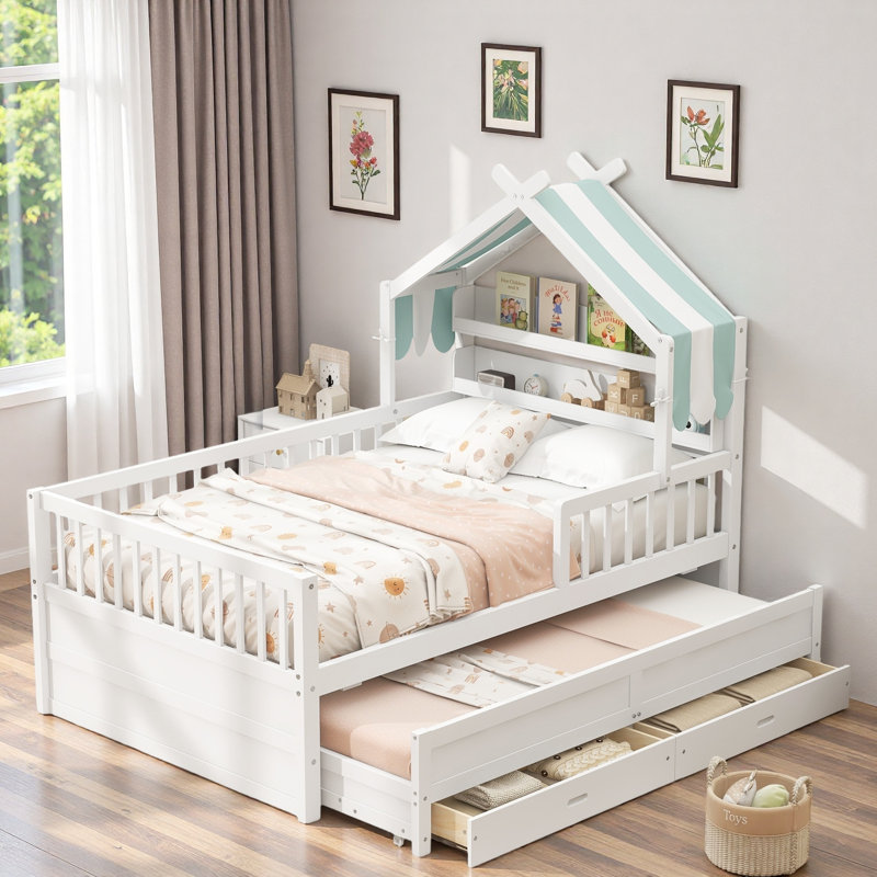 Lit maison avec lit gigogne, tablettes de tête de lit et tiroirs de rangement, Twin, White