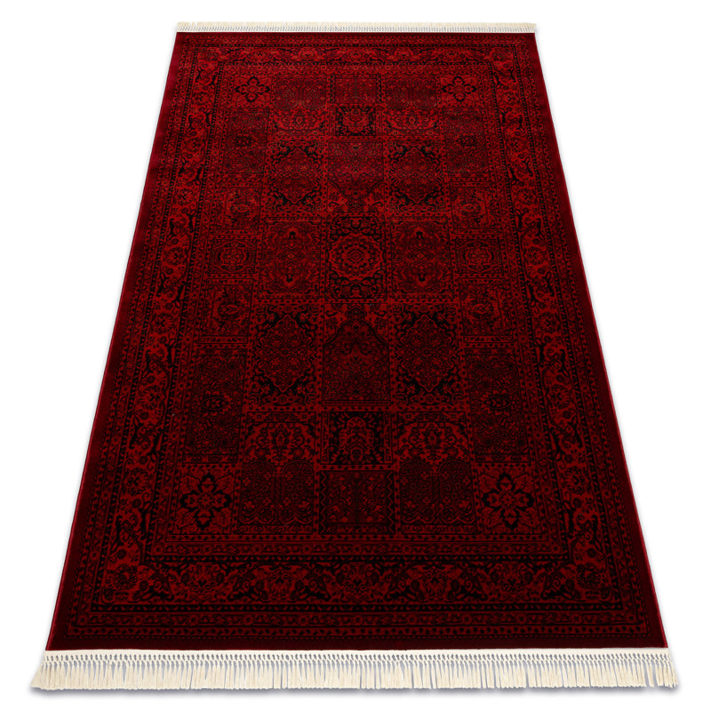 Luca 5365 – Elegant rug with fringes in burgundy & black – Classic Lucaal rug with ornamental & frame pattern