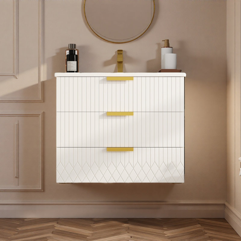 Armoire murale suspendue 24 po avec tiroir double, petit lavabo de salle de bain rectangulaire flottant avec trou de robinet simple et trop-plein, armoire de salle de bain moderne avec lavabo en céramique