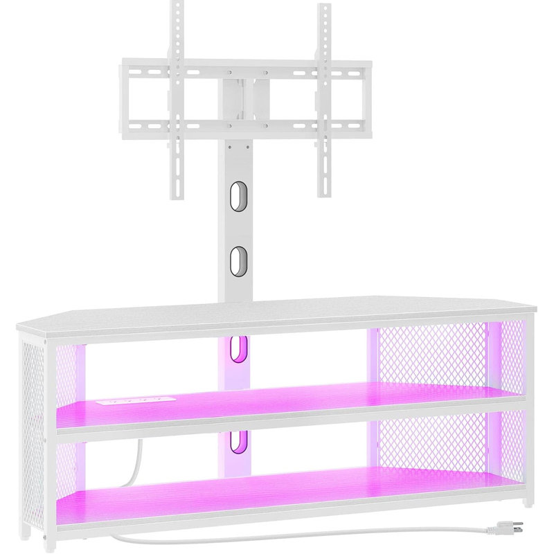 Swivel TV Stand With Built-In Mount, Power Outlet, And LED Lights For Flat Screen Tvs, Height Adjustable Media Console With Storage And Wire Management