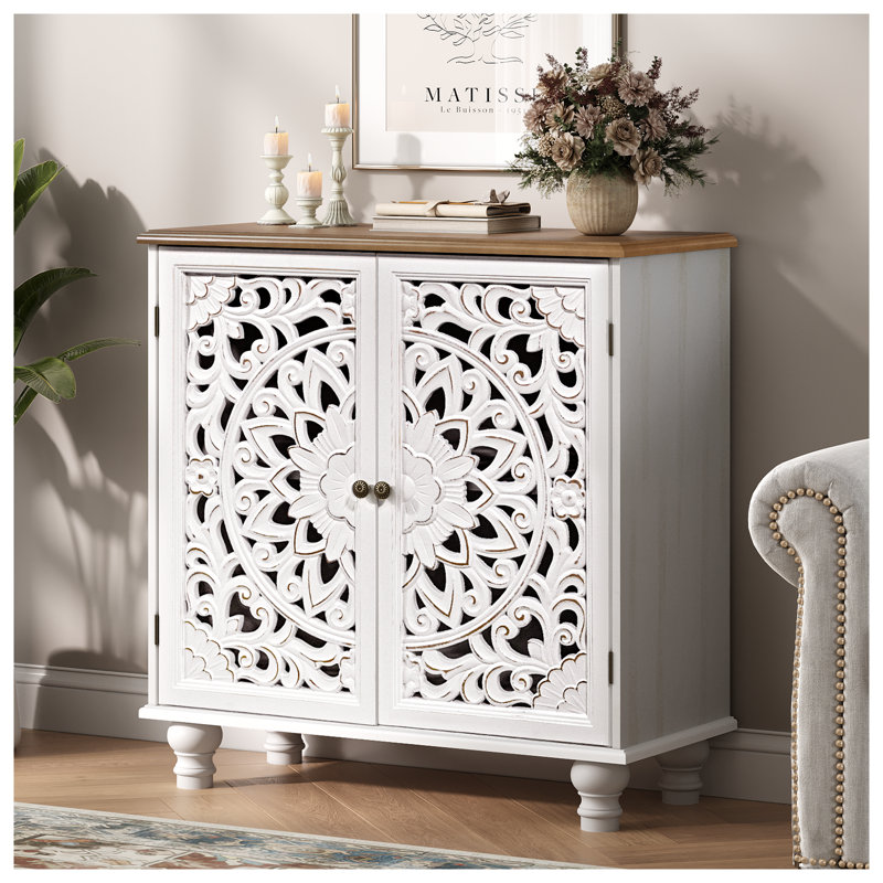 Accent Cabinet With Doors, Storage Cabinet With Solid Wood Legs And Adjustable Shelf, Sideboard Buffet For Living Room, Entryway, Dining Room, Bedroom, White