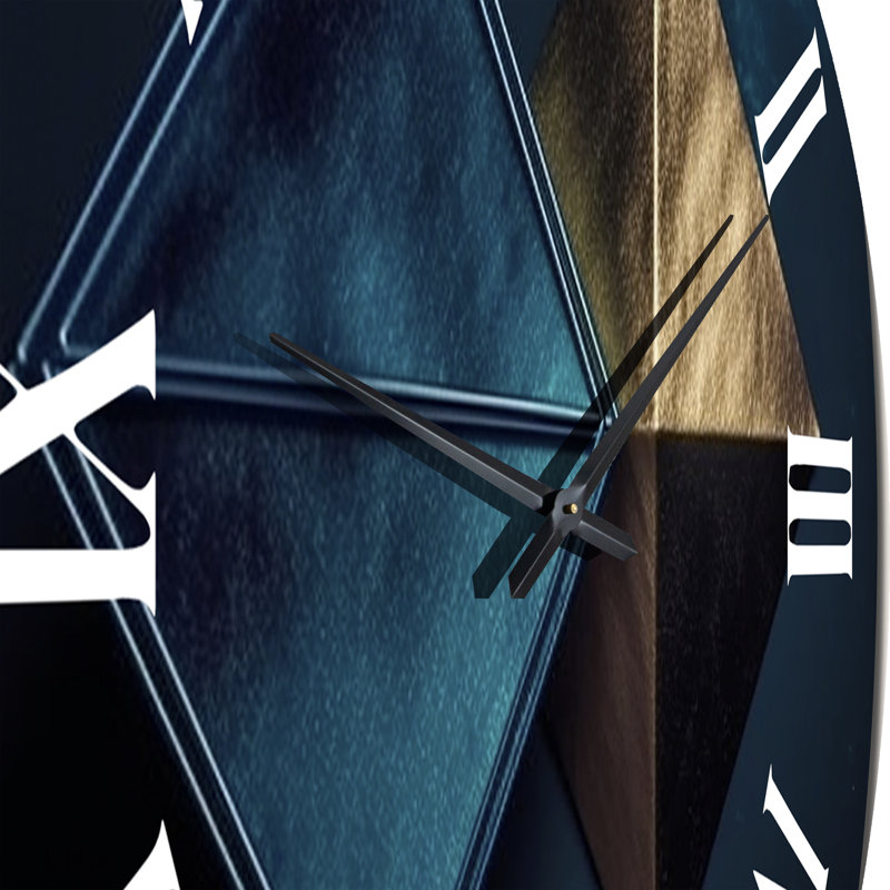 Rhombus en bleu foncé et or abstrait II - horloge murale géométrique moderne, Très grand