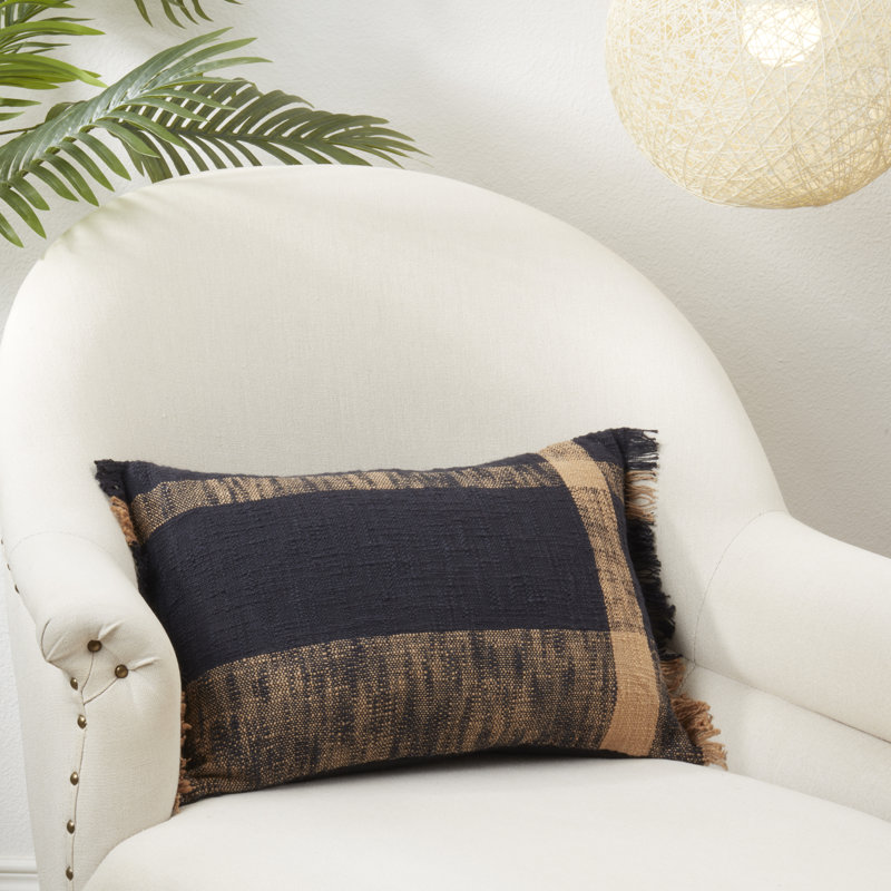 Oversized Black and Beige Plaid Cotton Throw Pillow