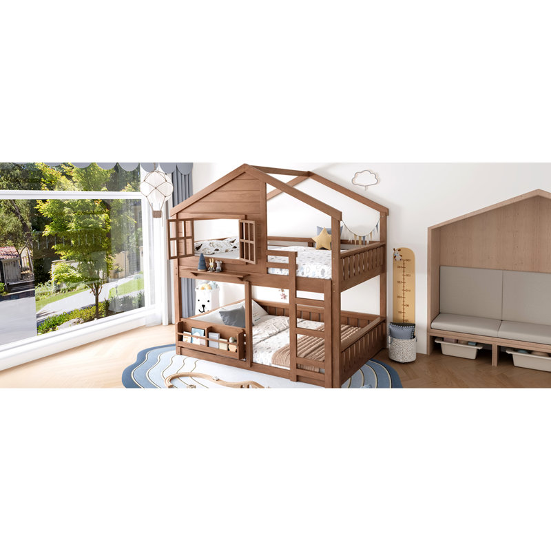 Full Size Loft Bed, High - Quality Construction, , And Natural Colour For 'S Bedroom Bunk Double Layer, Simulated Windows, Storage Bookshelf In '