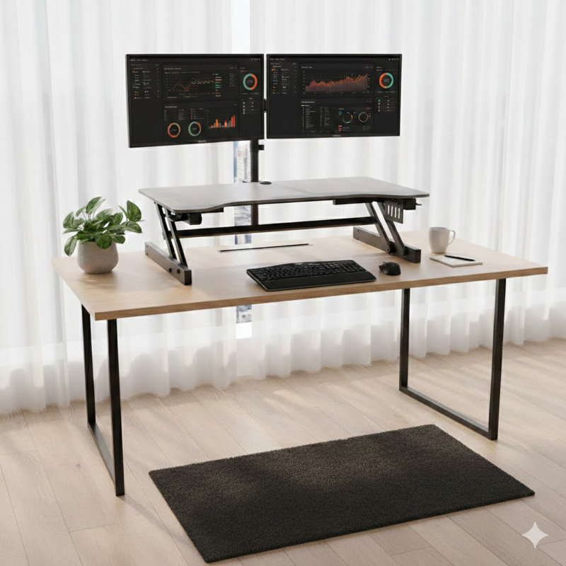  Convertisseur de bureau debout noir réglable en hauteur 46 po avec bras pour écran double et plateau pour clavier profond