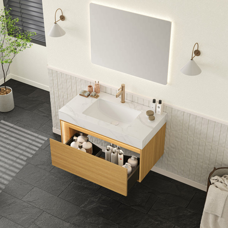 Meuble-lavabo pour salle de bain, lavabo flottant avec grille et tiroir, pré-assemblé, Blanc de Carrare