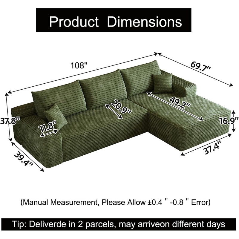 Canapé modulaire en velours côtelé de 108 po en L, fauteuils désossés pour le salon, canapé d'angle modulaire moderne avec assise profonde, canapé dans une boîte, aucun assemblage requis (vert, méridienne orientée vers la gauche)