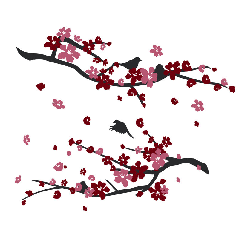 Décalcomanie murale petites fleurs de cerisier, 34" H x 41" lx 0.01" D, Gris / rouge / jaune