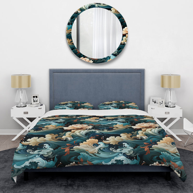 Vagues et fleurs, motif japonais - Ensemble de housse de couette japonaise, Housse de couette pour très grand lit et 2 très
