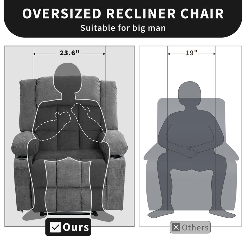 Fauteuil inclinable manuel surdimensionné de 37,4 po avec massage thermique, fauteuil à bascule avec porte-gobelets, poches latérales