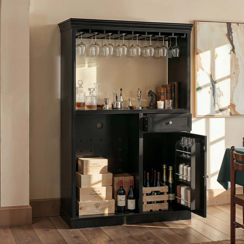 Bar Cabinet With Built-In Fridge Space, Wine Bottle Rack & Drawer