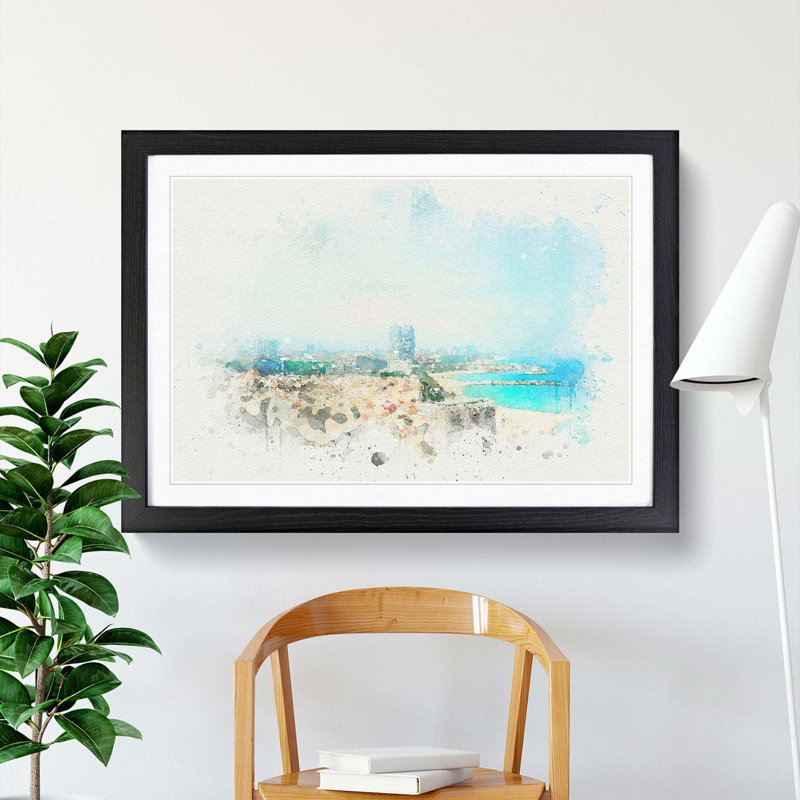 The Barcelona Skyline in Spain in Abstract - Picture Frame Graphic Art Print, 36cm H x 48cm W x 2cm D, Black Framed