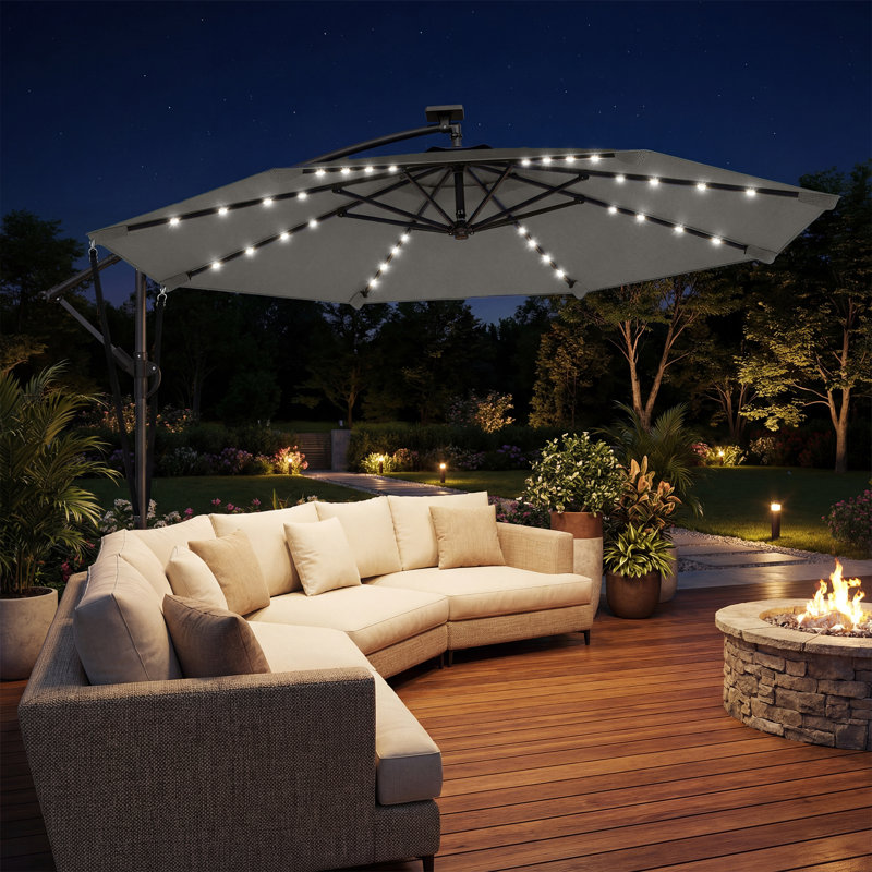 Parasol décalé en porte-à-faux 11,3 pi avec lumière, housse, gris foncé, Gris foncé