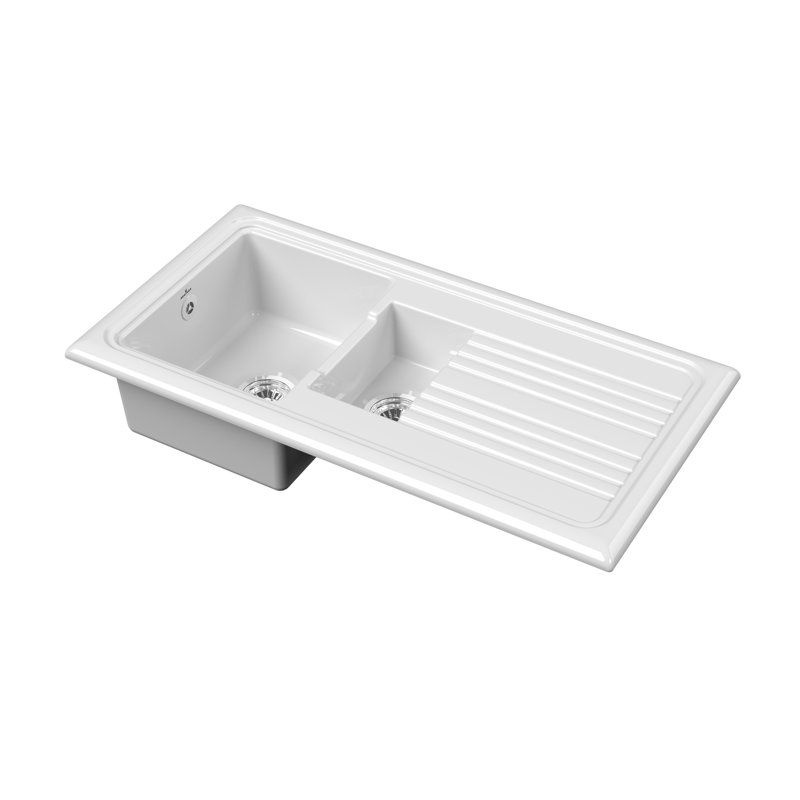Traditional Kitchen Sink Ceramic 1.5 Bowl White Reversible Waste RL301CW, White