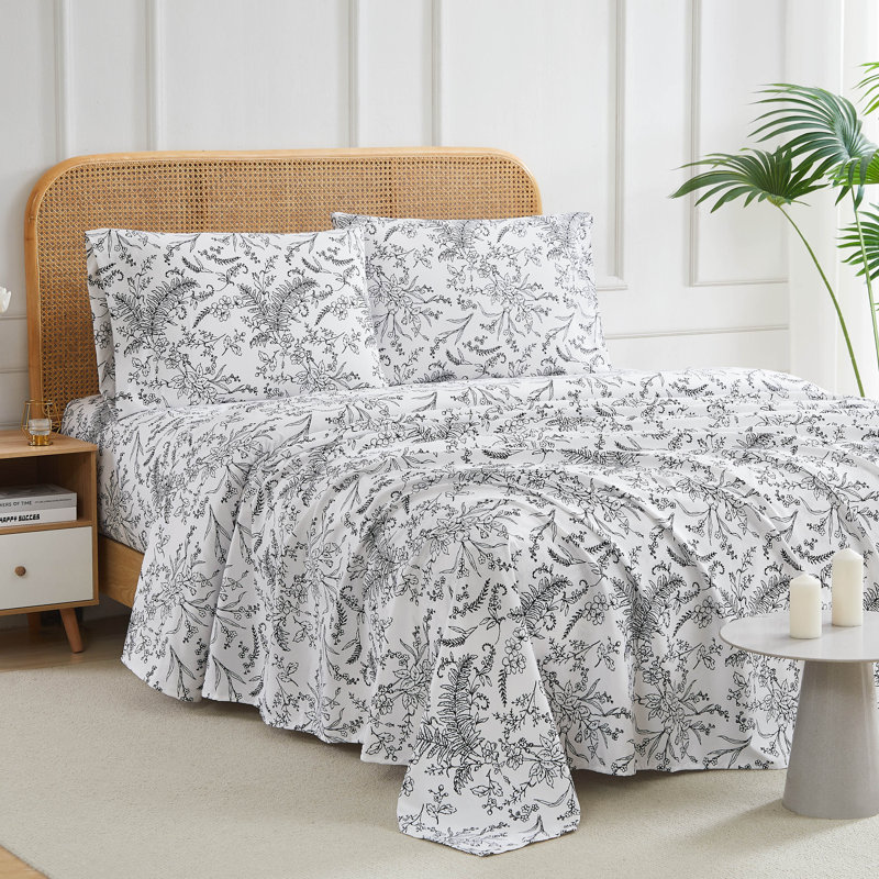 Winter Brush Floral Microfiber Sheet Set Easy Care and Wrinkle Resistant, Twin, White/Black Flowers